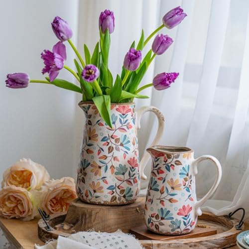 Vintage Colorful Flower Ceramic Vase with Handle, Retro Ice Glazed Crack Farmhouse Pitcher Vase for Home Decor, Living Room, Shelf, Office, Rustic Table Centerpiece 9 Inch - Image 5