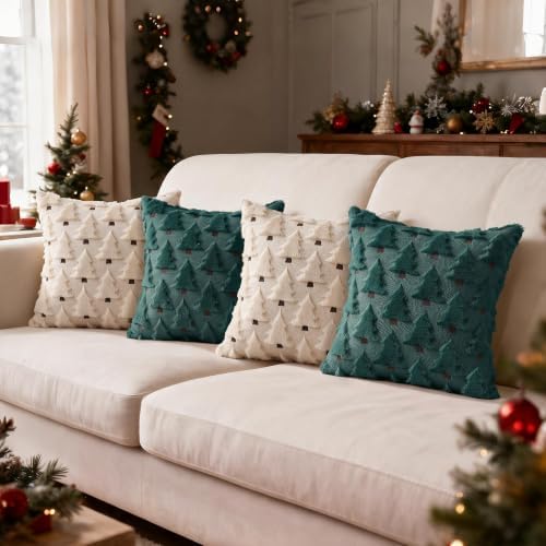 Christmas Throw Pillow Covers 20x20 inch Set of 4, Beige and Green Xmas Tree Holiday Winter Living Room Soft Fluffy Plush Faux Fur Wool Decorations for Sofa Couch Bed - Image 3