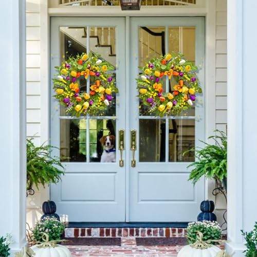 Spring Wreaths for Front Door 24 Inch,Spring Summer Wreath with Colorful Tulip,Eucalyptus and Ferns,Tulip Wreath for Indoor Outdoor Farmhouse Home Porch Wall Decor - Image 3