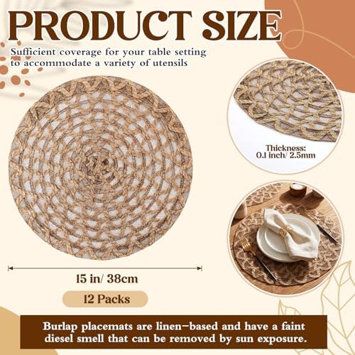 12 Pcs 15 Inch Round Burlap Placemat Boho Jute Woven Charger Bulk - Image 2