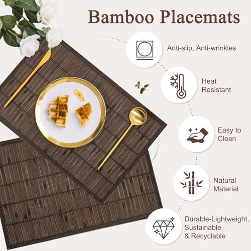 Bamboo Placemats Set of 8 with Fabric Border, Table Mats, Coffee - Image 2