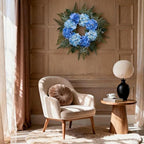 26 Inch Hydrangea Summer Wreaths for Front Door, Blue Hydrangea Wreath Artificial Door Wreaths Spring Summer Decor with Fern Leaves for Indoor Outdoor Home Wall Porch Window or Wedding Decoration - Image 6