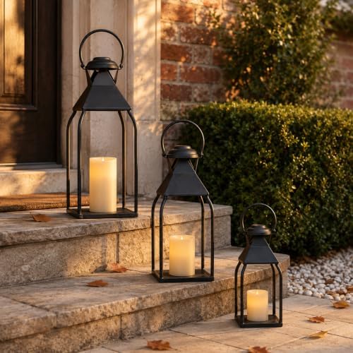 20" 15.7" 12" Lanterns Decorative Indoor Outdoor, Black Metal Set of 3 - Image 6