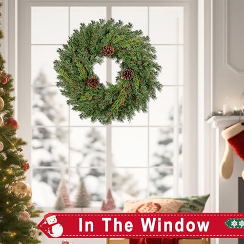 2PC Real Touch Pine Christmas Wreath 24 Inch Christmas Wreaths for Front Door Winter Wreath Artificial Green Wreaths Outdoor Christmas Decorations Indoor Outside Window Home Holiday Thanksgiving - Image 5