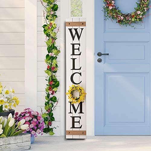 Glitzhome 60”H Welcome Sign with 4 Interchangeable Floral Wreaths for Front Door Porch Farmhouse Wooden Hanging Wall Sign for Seasons Spring Fall Harvest Thanksgiving Christmas - Image 2