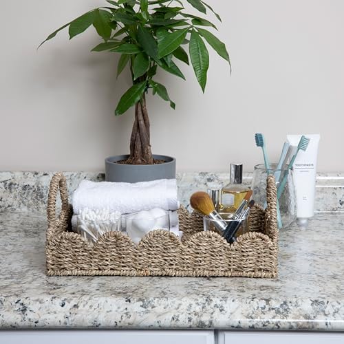 Household Essentials Seagrass Decorative Tray with Scalloped Edge, Handwoven Natural Wicker Organizer Basket with Handles & Iron Frame for Coffee Tables, Bathrooms & Countertops - Image 7