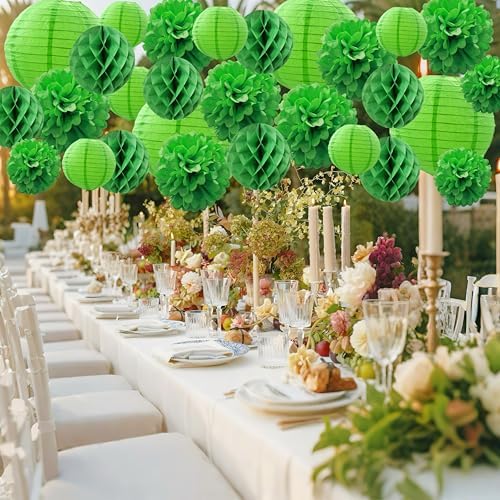 WOLHOWLTD Green Theme Paper Decoration Set - 34 pcs Lanterns,Pompoms,Honeycomb for Woodland,St. Patrick's,Jungle Theme, Wedding,Happy Birthday,Tropical Parties (Green) - Image 3