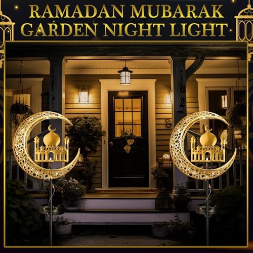 Tujoe 2 Pcs Eid Mubarak Solar Lights Eid Al Adha Outdoor Decorations Mubarak Star Moon Lights Solar Stakes Waterproof for Outdoor Decorations Garden Walkway Lawn Patio Yard(Muslim) - Image 6