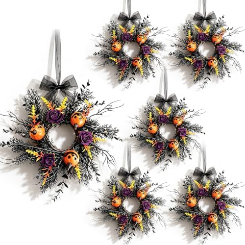 6 Pcs Small Halloween Hanging Wreaths with Orange Mini Pumpkins Purple Roses Black Foliage Yellow Fall Leaves Black Sheer Bow Gothic Mini Cabinet Wreath for Home Kitchen Halloween Party Decor by Unknown