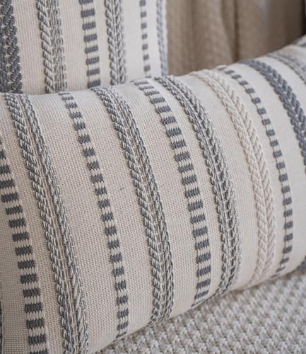 Cethom Grey Boho Lumbar Pillow Covers 14x36 Long, Stripe Textured Decorative Couch Pillow Cases for Bed, Sofa, Living Room, Bedroom, Farmhouse Home Accent Cushion Covers, Pack of 1 - Image 2