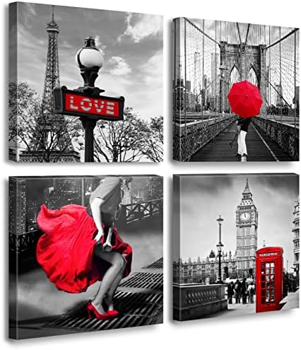 JiazuGo Red Paris Decor for Bedroom Black and White Wall Art for Living Room Eiffel Tower Decor Red City Buildings Canvas Pictures Brooklyn Bridge London Big Ben Modern Art Valentine'S Day by JiazuGo