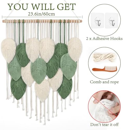Macrame Wall Hanging Boho Green Leaves Macrame Tapestry Chic Wall Decor - Image 2