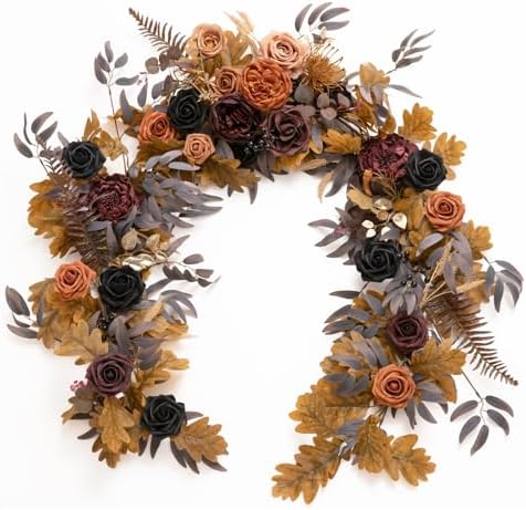Ling's Moment Flower Garland - 6FT Eucalyptus & Rose - Sweetheart Table Decor for Wedding Reception, Artificial Floral Garland for Mantle, Thanksgiving, Christmas Decoration, Black & Burnt Orange by LingsMoment