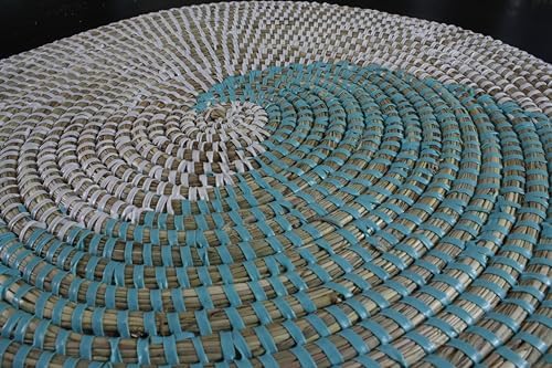 Senegal Placemats/African Bohemian Woven Seagrass Placemats/Natural Wicker Round Basket Placemats/Decorative Hanging Wicker Plates/Hanging Wall Decor (Light Blue & White) - Image 4
