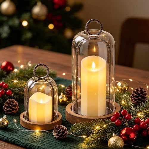 Set of 2 Versatile Rustic Metal Candle Holder with Handmade Sturdy Glass Dome and Rustic Brown Wooden Base for Pillar Candle & Plants, Industrial, Farmhouse, Shabby Chic, Display Cloche Bell Jars - Image 3