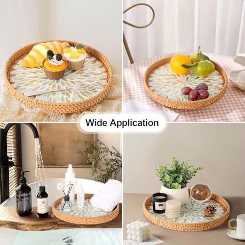 Round Rattan Tray with Mother of Pearl Inlay, Rattan Serving Tray for Coffee, Bread, Fruits, Decorative Wicker Tray for Table Decor, Home Decor, Kitchen Island Decor (Ambilight, 11.8") - Image 2