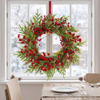 24" Christmas Wreaths for Front Door with Norfolk Pine Xmas Needle Red Berry for Winter Holiday Window Porch Wall Indoors Outdoor - Image 7