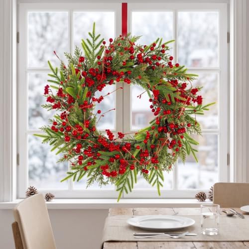24" Christmas Wreaths for Front Door with Norfolk Pine Xmas Needle Red Berry for Winter Holiday Window Porch Wall Indoors Outdoor - Image 7