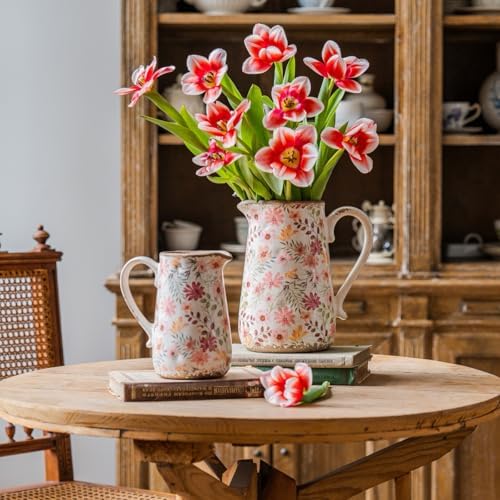 Vintage Colorful Daisy Flora Ceramic Vase with Handle, Retro Ice Glazed Crack Farmhouse Pitcher Vase for Home Decor, Living Room, Shelf, Office, Rustic Table Centerpiece 7 Inch - Image 3