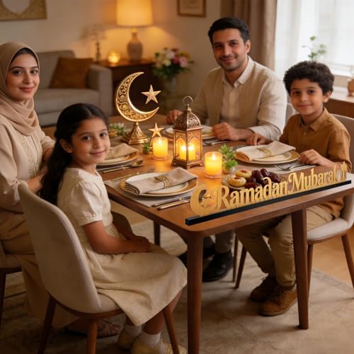 22 Inch Ramadan Mubarak Table Decor Wooden Ramadan Mubarak Sign Islamic Tabletop Centerpiece Eid Mubarak Decoration for Home Indoor Ramadan Party Desktop Display - Image 5