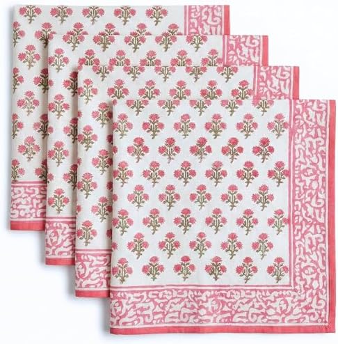 ATOSII Cotton Blockprint Cloth Napkins, Gulbahar Pink, Set of 4, 20" X 20" by ATOSII