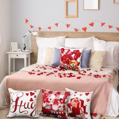 Hosuly 12 Pcs Valentines Day Throw Pillow Covers 18" x 18" Red White Love Kisses Hugs Throw Pillow Covers Valentines Day Decorative Cushion for Sofa Couch Bedroom Home Farmhouse Decorations - Image 4