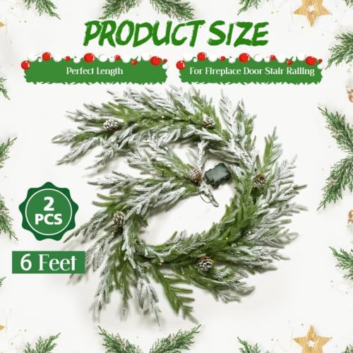 YoleShy 2 PCS 6FT Real Touch Norfolk Pine Garland Flocked Christmas Garland with Lights Pinecone and White Snow Battery Operated Prelit Garland Christmas Decorations for Mantle Fireplace Xmas Decor - Image 2