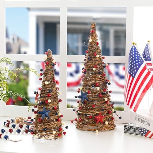 Glitzhome Set of 2 Patriotic Table Tree 4 of July Tabletop Centerpiece Artificial Rattan Stars& Berry Cone Table Tree Decoration for Memorial Day Home Office Table Shelf - Image 6