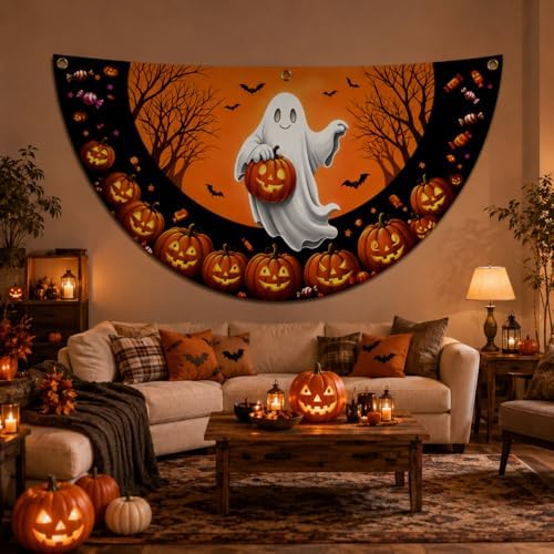 Halloween Half fan Banner Decorative Flag, Ghost Pumpkin Halloween Porch Sign, 100D Polyester Fabric, Fade Resistant, Stain Resistant, Foldable Seasonal Hanging Decor for Front Door, Wall, Window, Indoor Outdoor Party Decoration (4X8FT 1-Pack) - Image 6