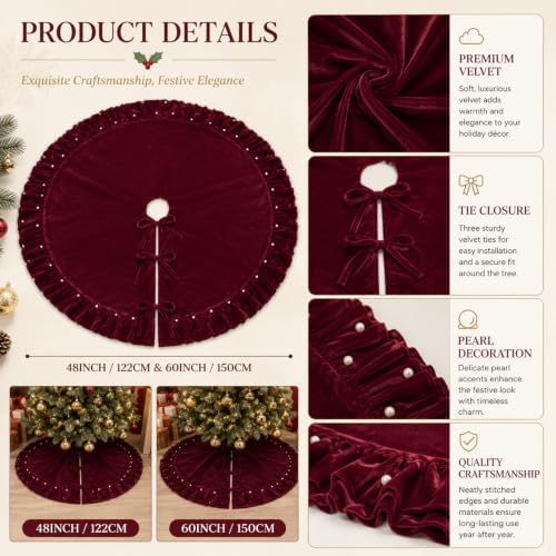 Christmas Tree Skirt, Wine Red Velvet with Ruffled Pearl 60 Inch - Image 5