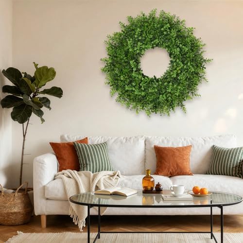 26 Inch Large Boxwoods Wreaths for Front Door Artificial Green Leaves Greenery Indoor Outdoor Wreath Home Decor Porch Window Wall Farmhouse Door Decorations Spring Summer Fall All Seasons - Image 3