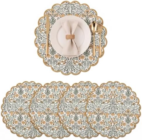 Ridhi Floral Block Print Round Placemats 15" in, Set of 4, Goldenrod Yellow by Ridhi