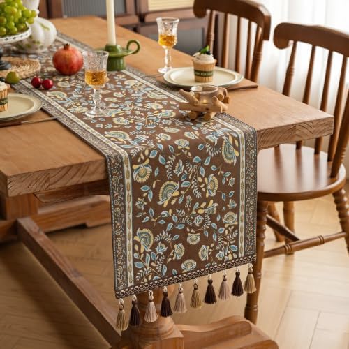 Brown Floral Table Runner 95" - Vintage Luxury Embroidery Jacquard with Tassels, Rustic Farmhouse Decor for Dining Table, Kitchen & Holiday Party (Warm Brown, 13.7"x95") by Unknown