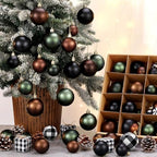 Lunmon 64 Pcs Neutral Christmas Ball Ornaments Bulk Matt Glitter Check Brown Green Black Xmas Bulbs Ornaments 1.6/1.97/2.4 Inch Modern Christmas Decorations for Tree Holiday Indoor Wreath Home Decor by Lunmon