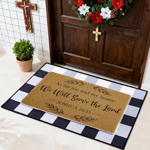 2 Pcs Christian Door Mats, As for Me and My House We Will Serve the Lord Non Slip Coir Mat with Buffalo Plaid Layered Rug, Bible Verse Layering Doormats for Indoor Outdoor Porch Entry Decor by Unknown