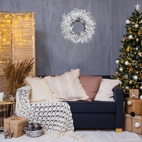 20 Inch Snow Flocked White Berry Winter Wreath with Twig & Leave- Artificial Christmas Wreaths for Front Door Porch Wall Window Porch Fireplace Outdoor Décor - Image 4
