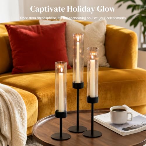 Glasseam Black Candlestick Holders, 6Pcs Fluted Glass Hurricane with Taper - Image 2