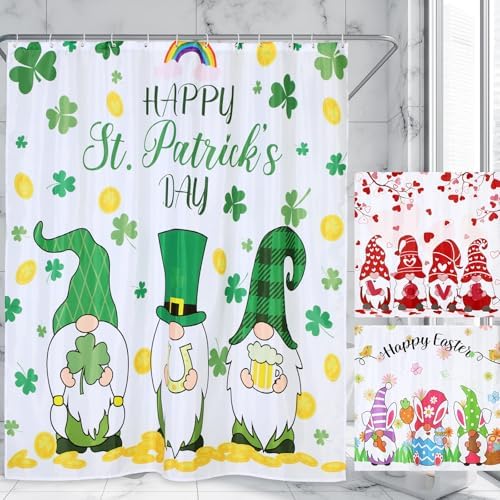 Remerry 3 Pcs Easter Shower Curtain for Bathroom Decor with Hooks St Patrick's Day Valentine's Day Holiday Shower Curtains Set,71 x 71 Inch,Waterproof Fabric Bathtub Bathroom Decor(Gnome Style) by Remerry