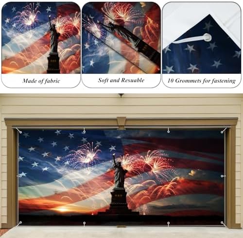 4th of July Party Garage Door Cover 16x7ft American Flags Garage Door Backdrop Independence Day Garage Banner Memorial Day Decoration Patriotic Backdrop the Statue of Liberty Flag Day Background - Image 5