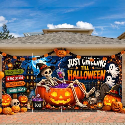 Funny Halloween Garage Door Banner 7x16ft, Just Chilling Till Halloween Outdoor Decoration, Cute Ghost and Skeleton Pumpkin Double Garage Door Cover Tapestry Mural for House Front Holiday Decor - Image 5