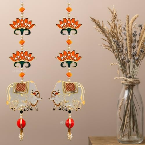 Divyakosh Mandir Door Decorations Items, Temple Decoration Items, Orange Lotus with Cow Calf Hanging/Latkan for Ganpati & Diwali Home Decor, Door Entrance Decor| 2 Pieces | 18 Inch | - Image 2