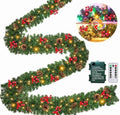 Remote Control 18 FT Extra Long Prelit Christmas Garland with 480Thick Branch Tips Pinecones & Red Berries, 100 Warm White & Multicolor LED Lights 8 Modes Timer for Stairs Mantel Doorway Decor by TURNMEON