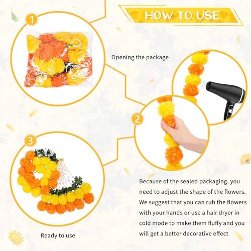 8PCS Diwali Artificial Marigold Garland for Home Decor, Marigold Long Strands with Bells and Leaves for India Wedding, Pooja Decor, Marigold Flowers Strings for All Year Decoration - Image 5