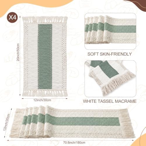 4 Sets Green Kitchen Decor,Table Setting Decor with Round Woven,Rectangular,Wooden Bead Napkin Rings,Cloth Napkins,Table Runner & Storage Basket,Natural Burlap Cotton for Kitchen Dining Table Home - Image 3