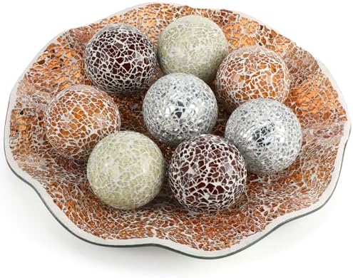 Suclain Centerpiece Bowl and Decorative Balls Set 8 Pcs Table Mosaic Plate with 2.4 Inch Glass Mosaic Orbs Glass Turquoise Tray and Spheres for Centerpiece Table Home Vases Decor(Khaki Light Brown) by Suclain