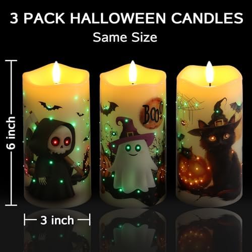 Eywamage Fiber Optic Halloween Flameless Pillar Candles with Remote 3 Pack - Image 2