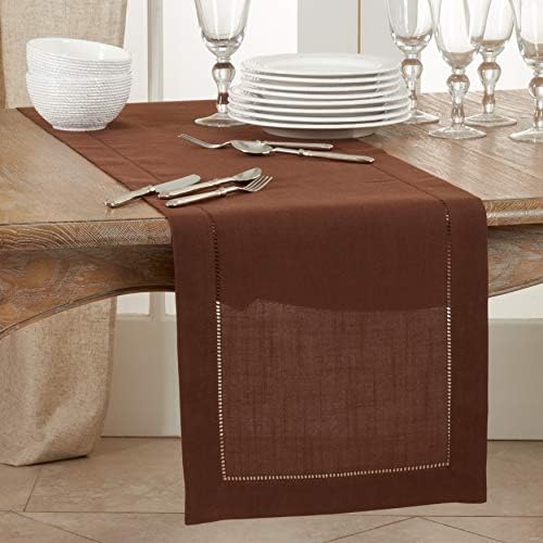 SARO LIFESTYLE Classic Hemstitch Table Runner - Elegant Everyday Table Runner with Textured Fabric and Hemstitched Border for Dining Tables and Formal Entertaining, 16"x90", Chocolate - Image 3