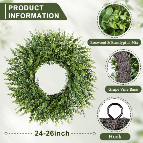 26 Inch Boxwood Wreaths for Front Door Spring Summer Fall All Seasons - Image 2