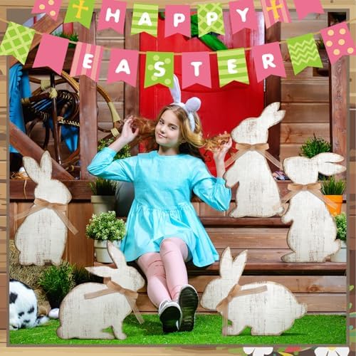 Yuntau 5 Pcs Easter Welcome Porch Sign Large Wooden Bunny Standing Porch Sign Easter Bunny Outdoor Decor with Ribbon for Front Door Indoor Outdoor Yard Garden Decor - Image 5