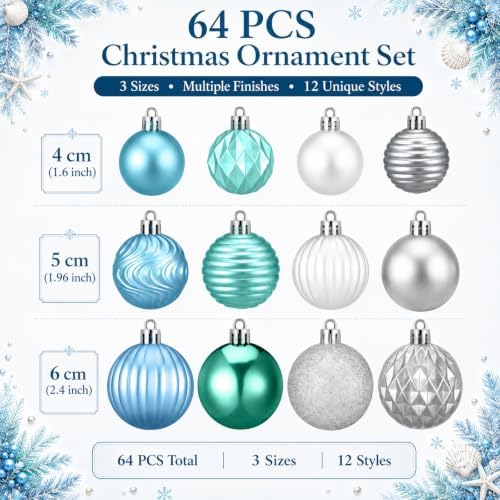 Lunmon 64 Pcs Coastal Ocean Christmas Ball Ornaments Beach Xmas Baubles - Image 3